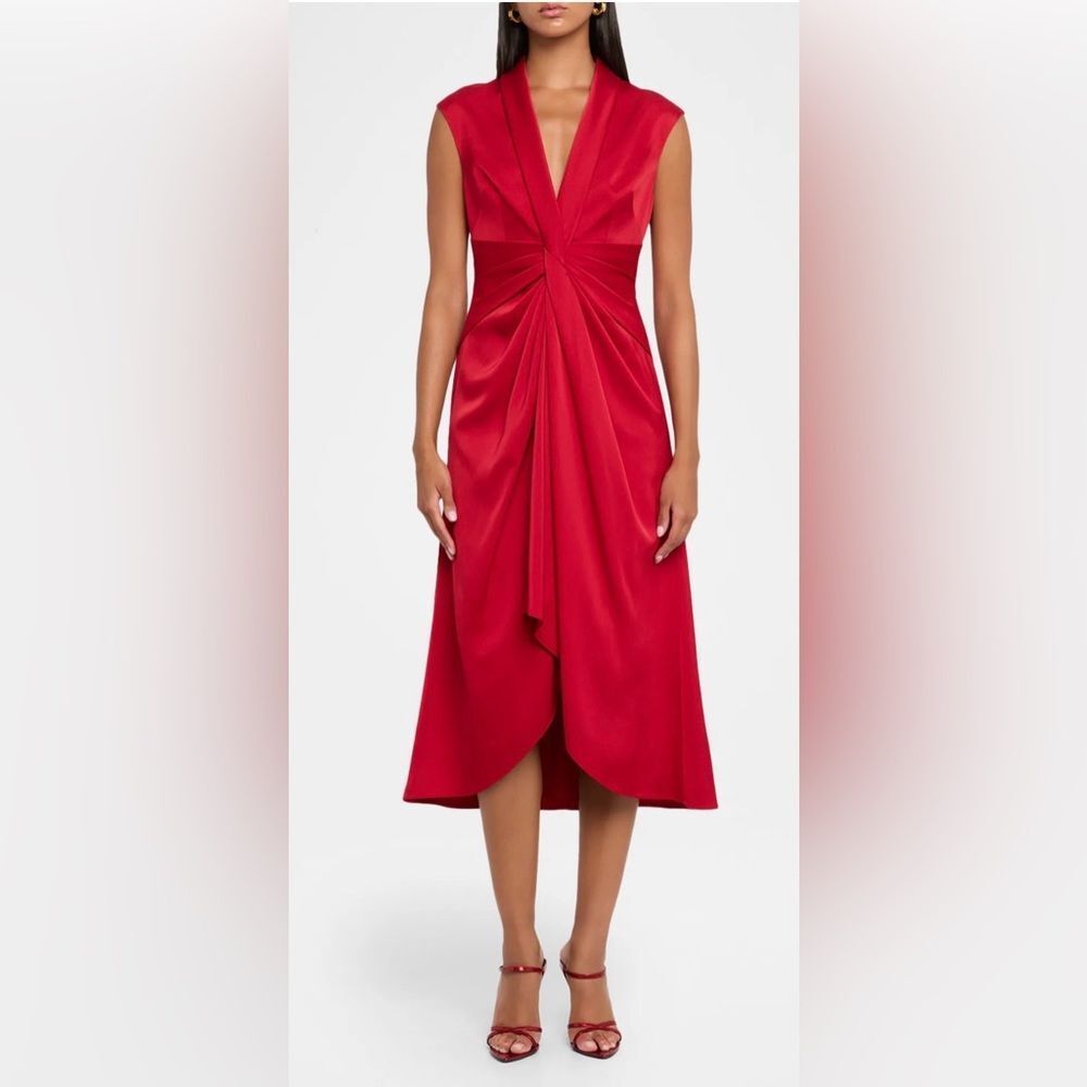 Aidan Mattox Sleeveless Pleated Twist-Front Midi Dress Red Draped High-Low Satin